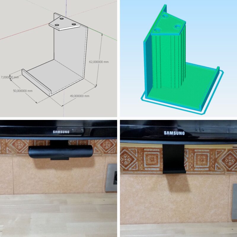 Imagen del diseño de un soporte impreso en 3D y su acabado una vez fabricado.