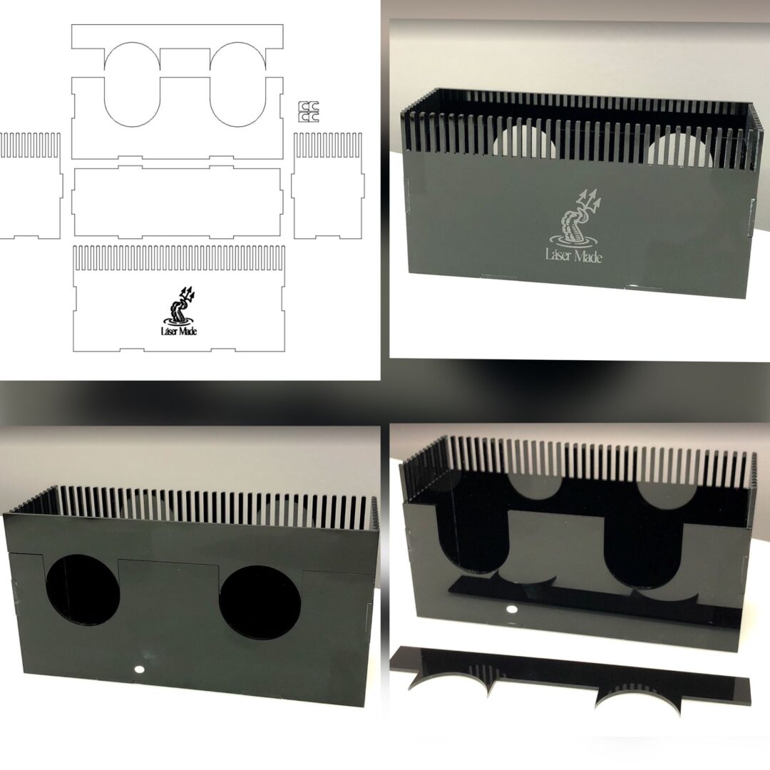 Diseño CAD de corte láser y producto final en metacrilato.